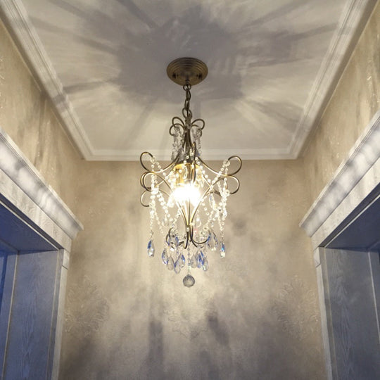 Country Style 1-Light Metal Hanging Ceiling Light With Crystal Droplet For Corridor