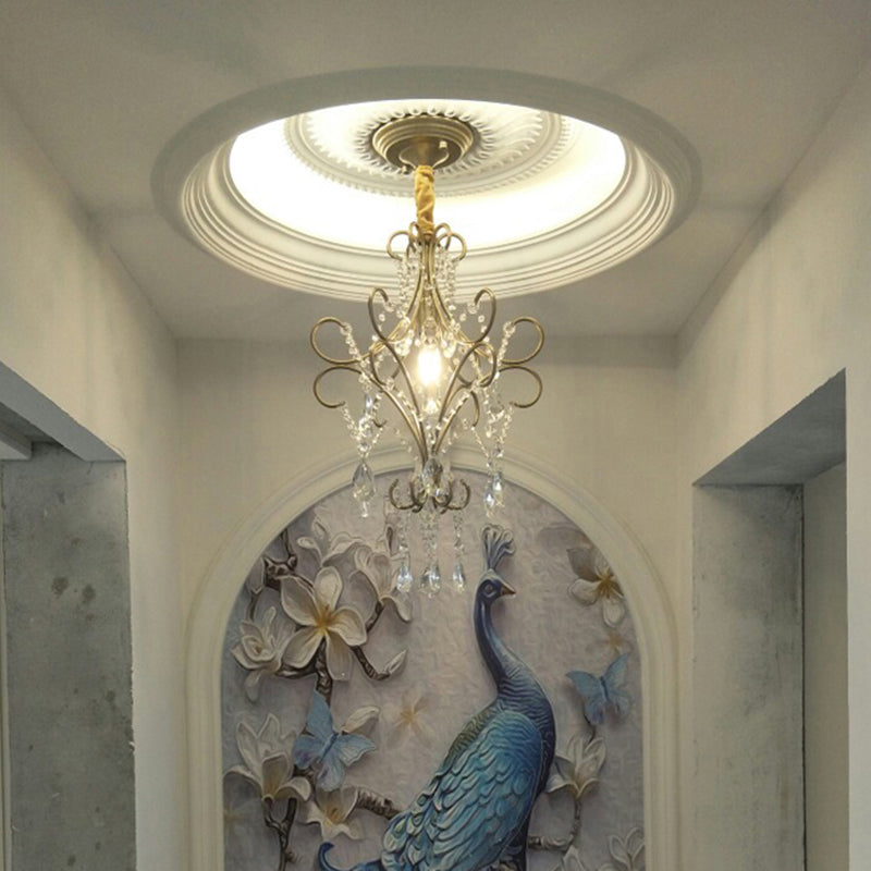 Country Style 1-Light Metal Hanging Ceiling Light With Crystal Droplet For Corridor