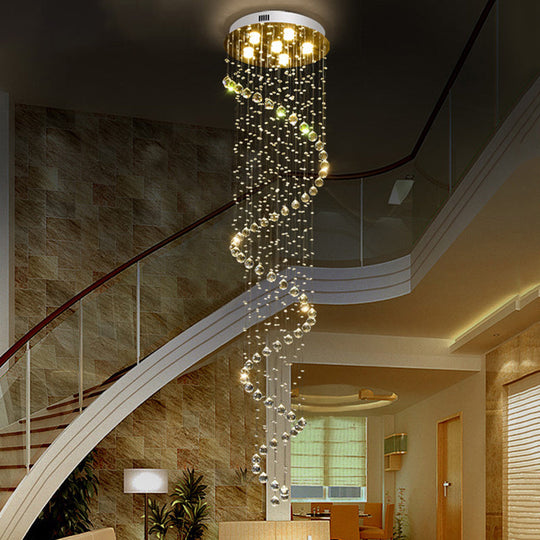 Contemporary Stainless Steel Spiral Ceiling Lamp with Crystal Beaded Flush Mount - 6 Bulbs, 86.5" Tall