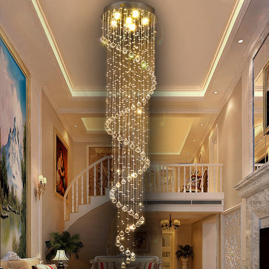Contemporary Stainless Steel Spiral Ceiling Lamp with Crystal Beaded Flush Mount - 6 Bulbs, 86.5" Tall