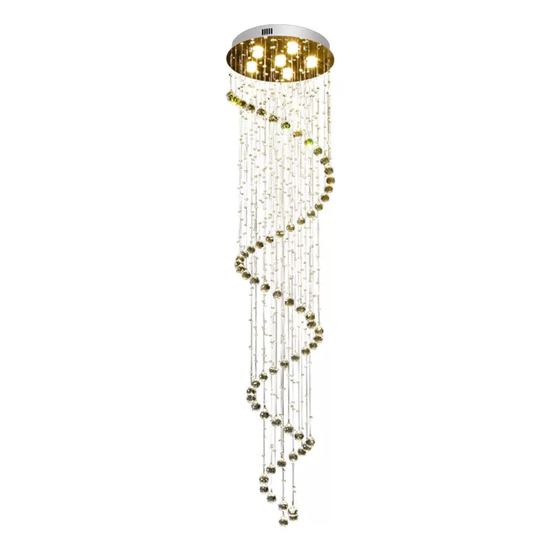 Contemporary Stainless Steel Spiral Ceiling Lamp with Crystal Beaded Flush Mount - 6 Bulbs, 86.5" Tall