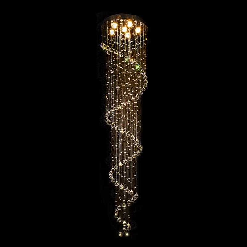 Contemporary Stainless Steel Spiral Ceiling Lamp with Crystal Beaded Flush Mount - 6 Bulbs, 86.5" Tall