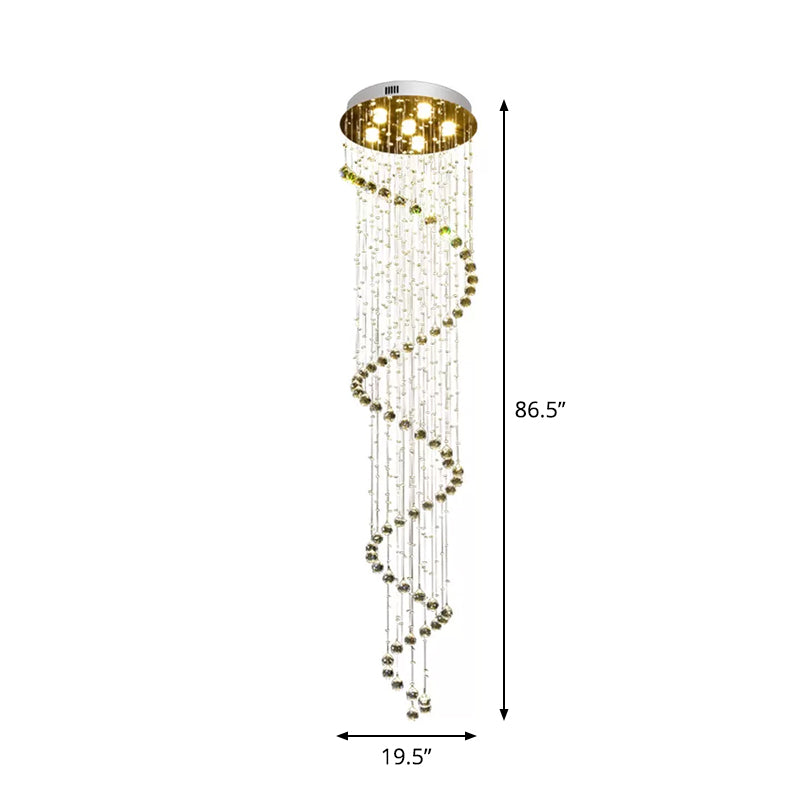 Contemporary Stainless Steel Spiral Ceiling Lamp With Crystal Beaded Flush Mount - 6 Bulbs 86.5 Tall