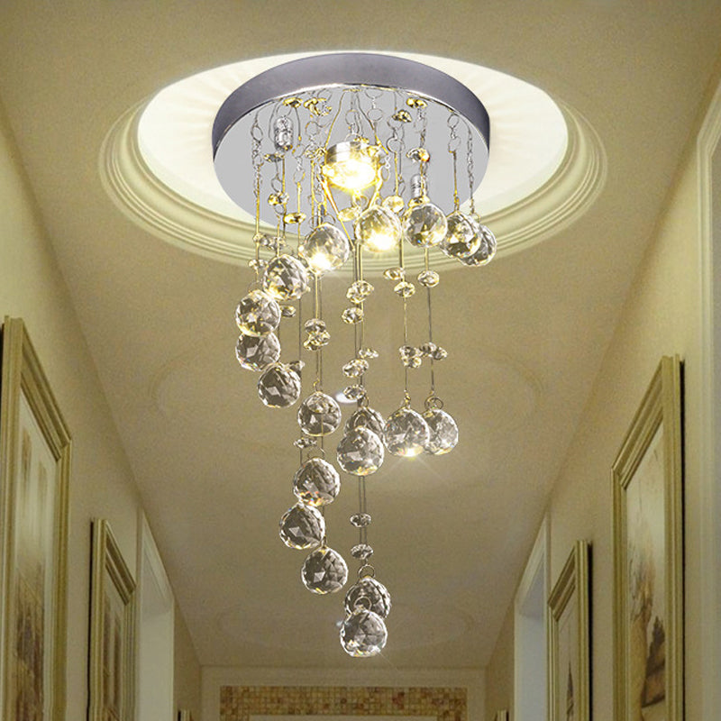 Modern Crystal Orb Flush-Mount Ceiling Light Fixture with Twisted Design - Nickel Finish