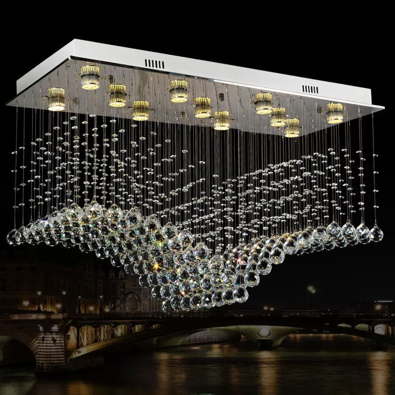 Contemporary Crystal Gull Flush Mount Lamp - 11-Bulb Stainless Steel Ceiling Lighting For Living