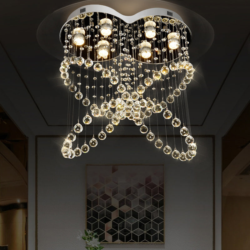 6-Light Crystal Orb Flush Mount Stainless Steel Butterfly Bedroom Ceiling Light