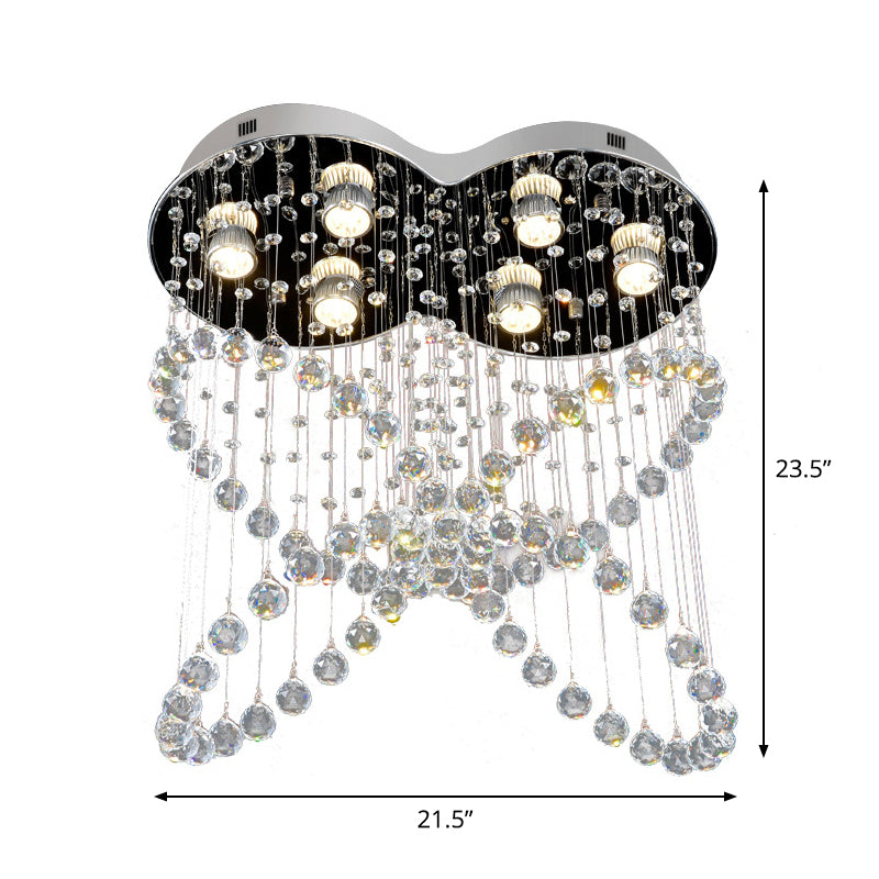 Plafonnier de chambre à coucher en acier inoxydable à 6 ampoules en forme de papillon en cristal