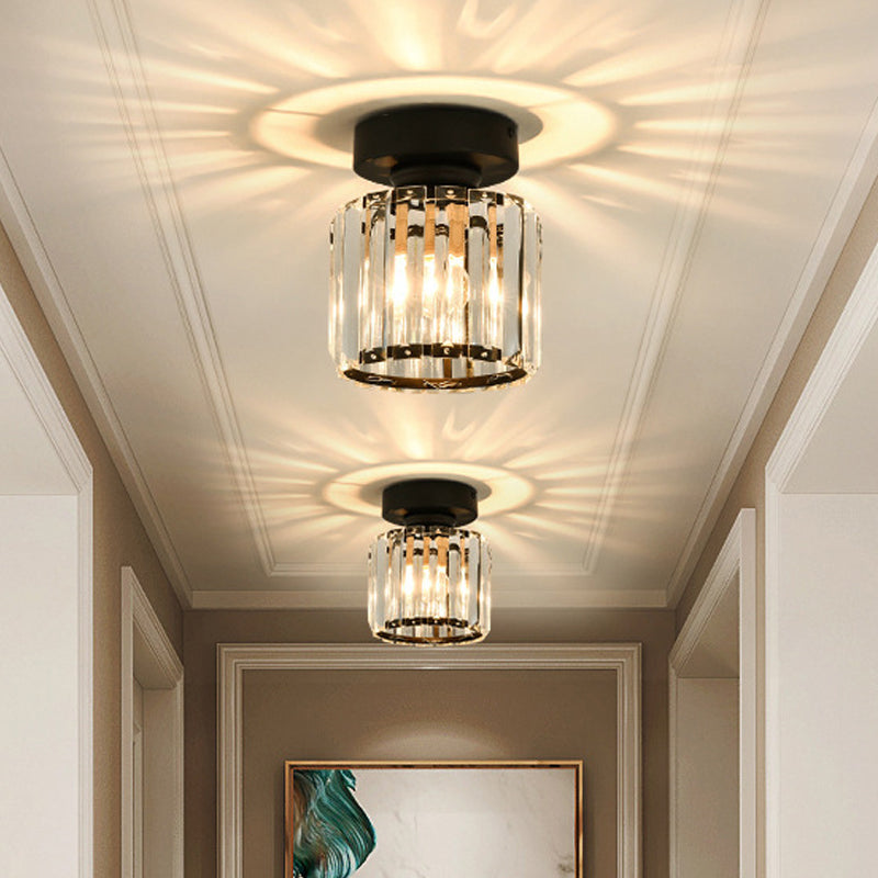 Sleek Crystal Ceiling Lamp: Square/Cylinder Corridor Semi Flush Mount In Black/Gold For Simplicity &