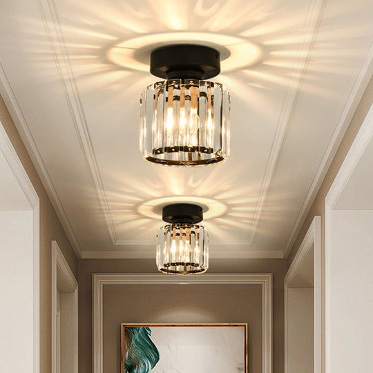 Sleek Crystal Ceiling Lamp: Square/Cylinder Corridor Semi Flush Mount In Black/Gold For Simplicity &
