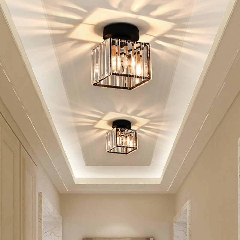 Sleek Crystal Ceiling Lamp: Square/Cylinder Corridor Semi Flush Mount In Black/Gold For Simplicity &