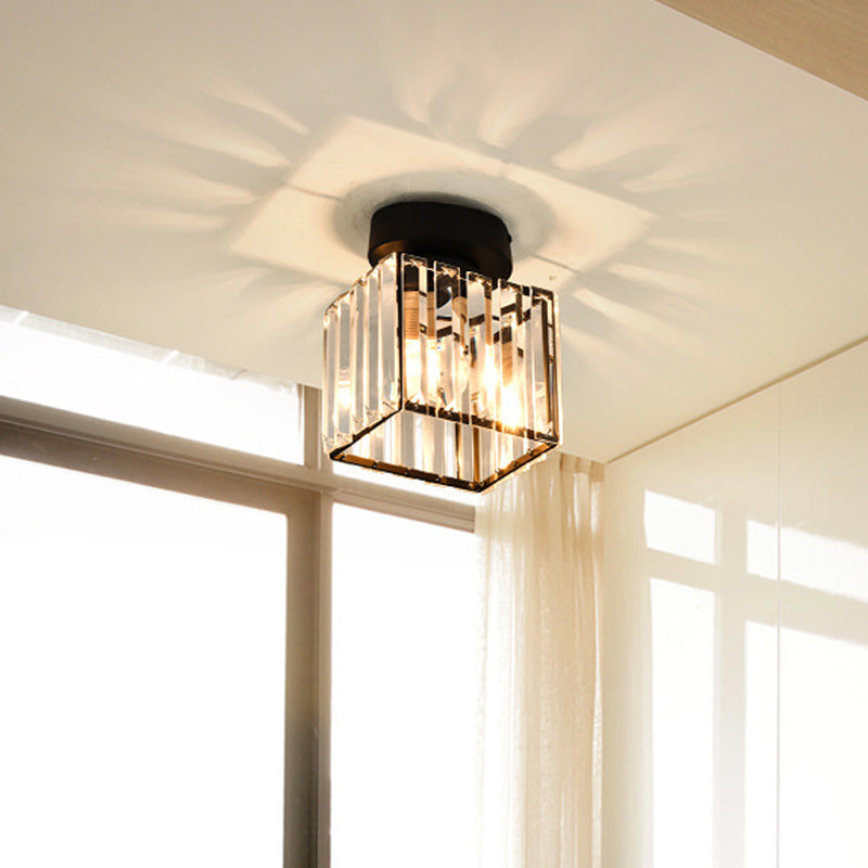Plafonnier en cristal élégant : plafonnier semi-encastré de couloir carré/cylindrique en noir/doré pour plus de simplicité et d'élégance