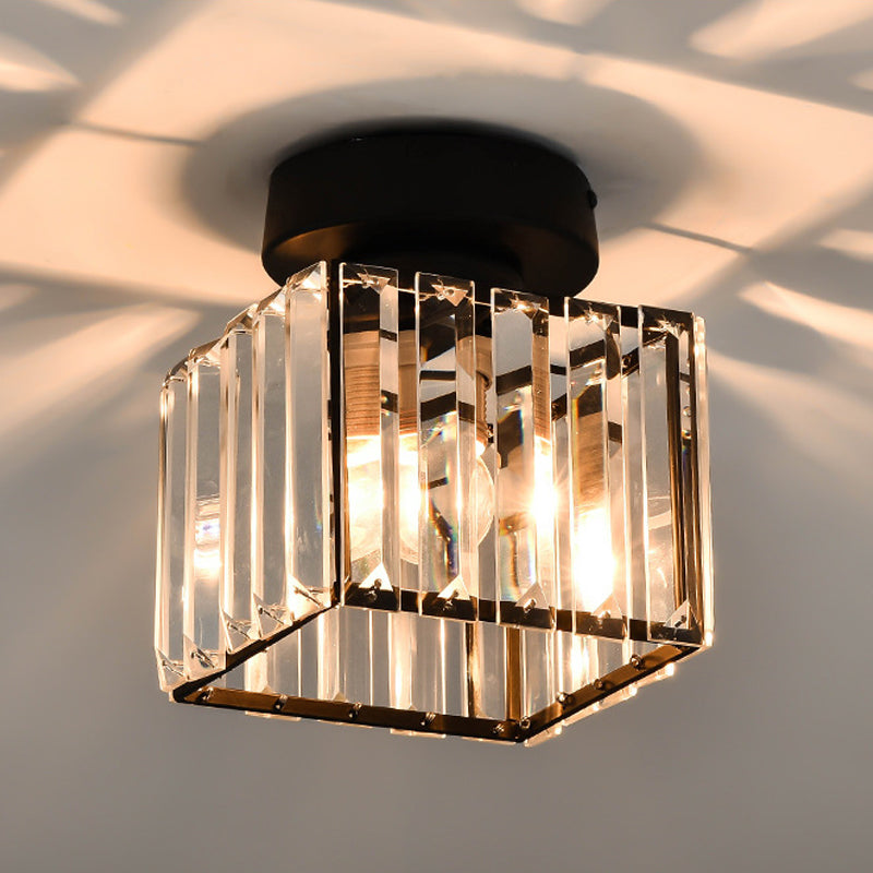 Plafonnier en cristal élégant : plafonnier semi-encastré de couloir carré/cylindrique en noir/doré pour plus de simplicité et d'élégance