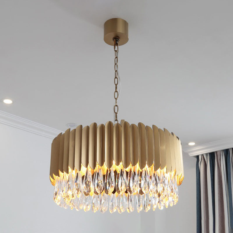 Minimalist Metal Drum Suspension Lamp with LED Pendant Chandelier - 23.5" x 31.5" - Black/Gold with Crystal Drip