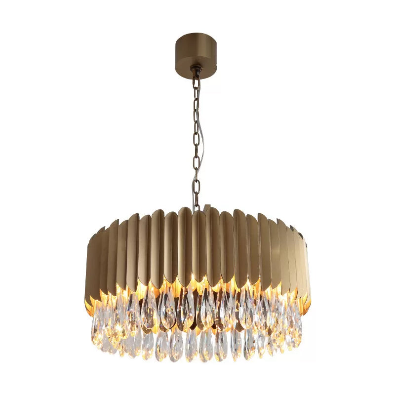 Minimalist Metal Drum Suspension Lamp with LED Pendant Chandelier - 23.5" x 31.5" - Black/Gold with Crystal Drip