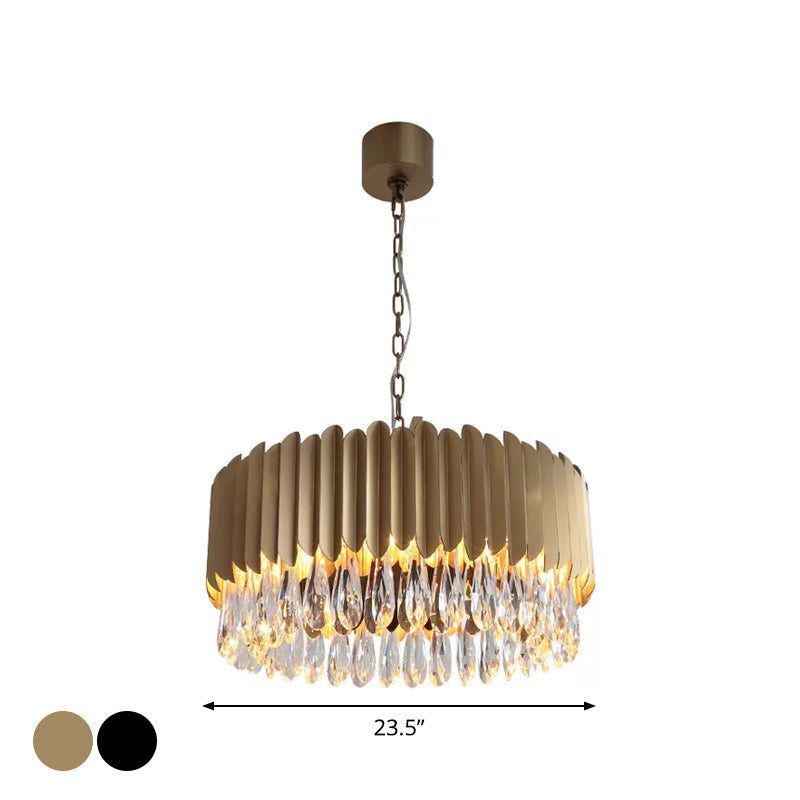 Minimalist Metal Drum Suspension Lamp with LED Pendant Chandelier - 23.5" x 31.5" - Black/Gold with Crystal Drip