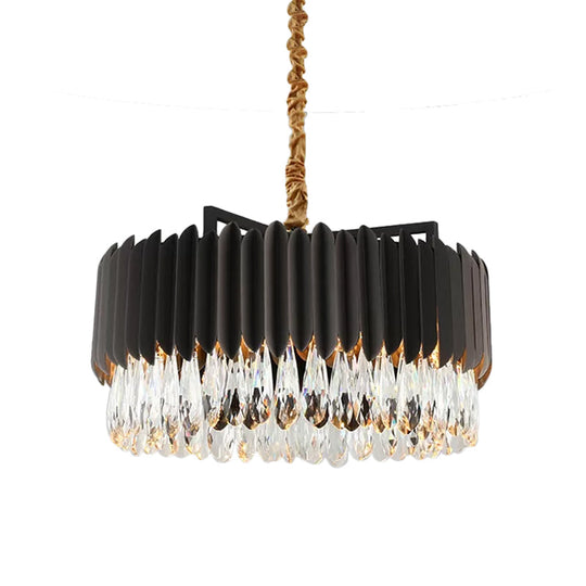 Minimalist Metal Drum Suspension Lamp with LED Pendant Chandelier - 23.5" x 31.5" - Black/Gold with Crystal Drip