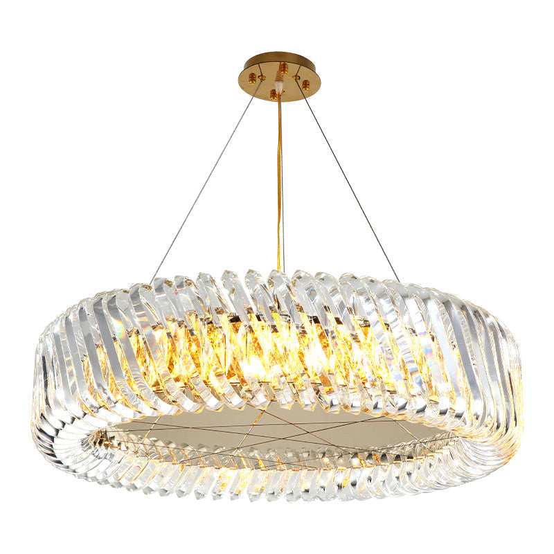 Minimalist 4/8/12-Light Gold Drum Pendant with Clear K9 Crystal Chandelier Fixture