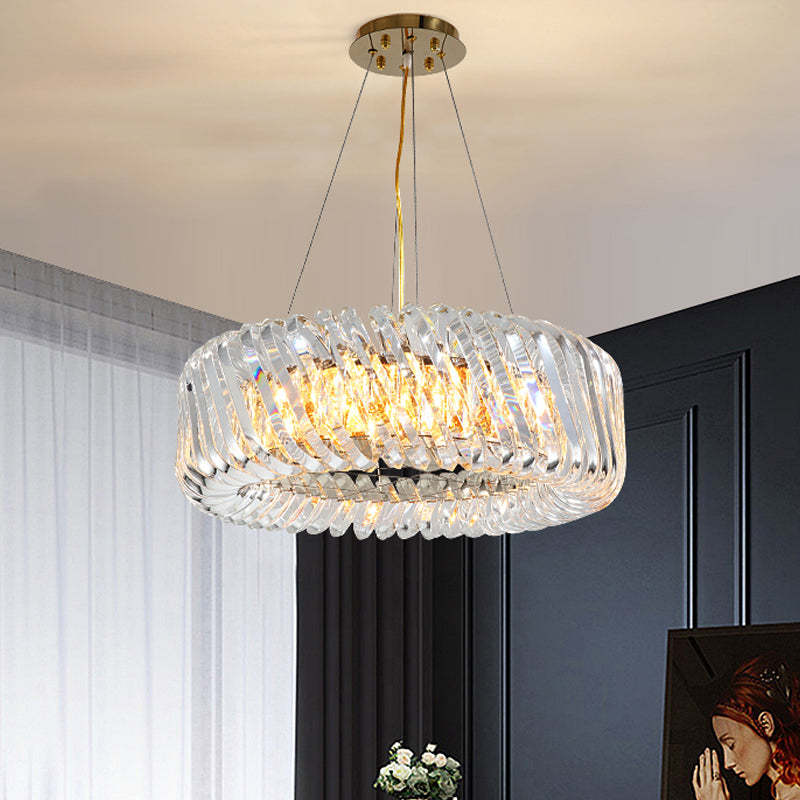Minimalist 4/8/12-Light Gold Drum Pendant with Clear K9 Crystal Chandelier Fixture
