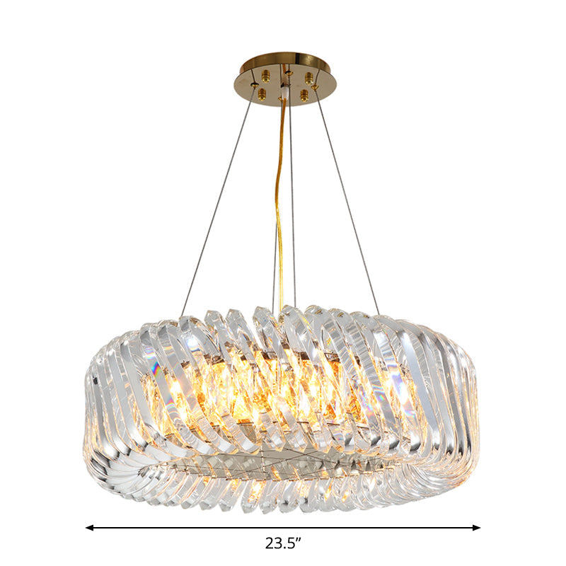 Minimalist 4/8/12-Light Gold Drum Pendant with Clear K9 Crystal Chandelier Fixture