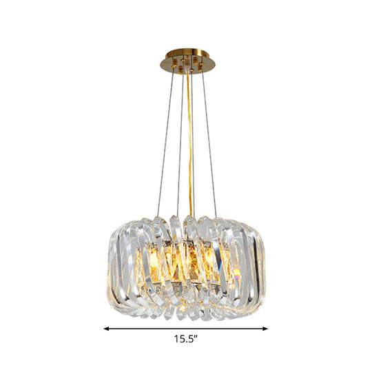 Minimalist 4/8/12-Light Gold Drum Pendant with Clear K9 Crystal Chandelier Fixture
