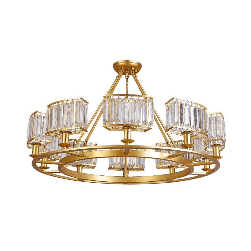 Modern Gold Circle Chandelier Pendant Light With Clear Crystal Prisms - 6/8/10 Bulb Dining Room