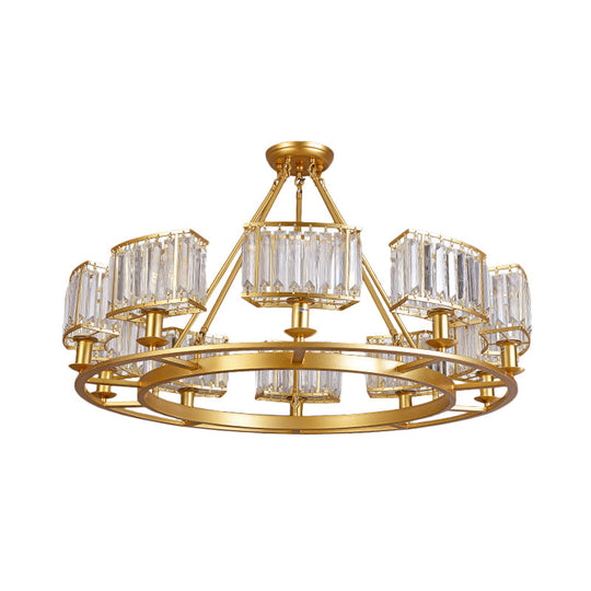 Modern Gold Circle Chandelier Pendant Light With Clear Crystal Prisms - 6/8/10 Bulb Dining Room