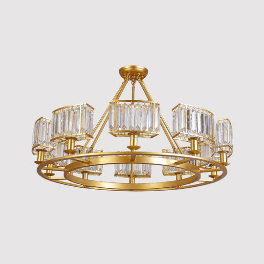 Modern Gold Circle Chandelier Pendant Light With Clear Crystal Prisms - 6/8/10 Bulb Dining Room