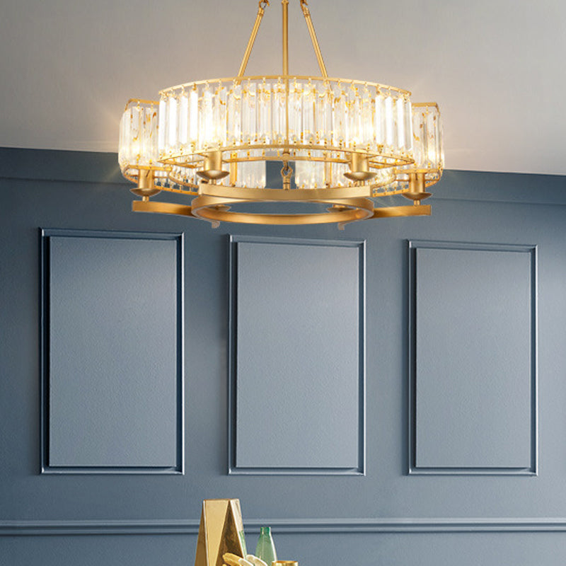 Modern Gold Circle Chandelier Pendant Light With Clear Crystal Prisms - 6/8/10 Bulb Dining Room