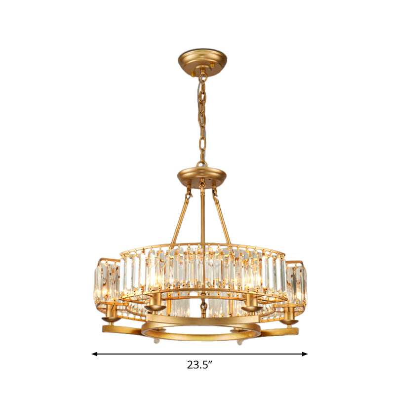 Modern Gold Circle Chandelier Pendant Light With Clear Crystal Prisms - 6/8/10 Bulb Dining Room