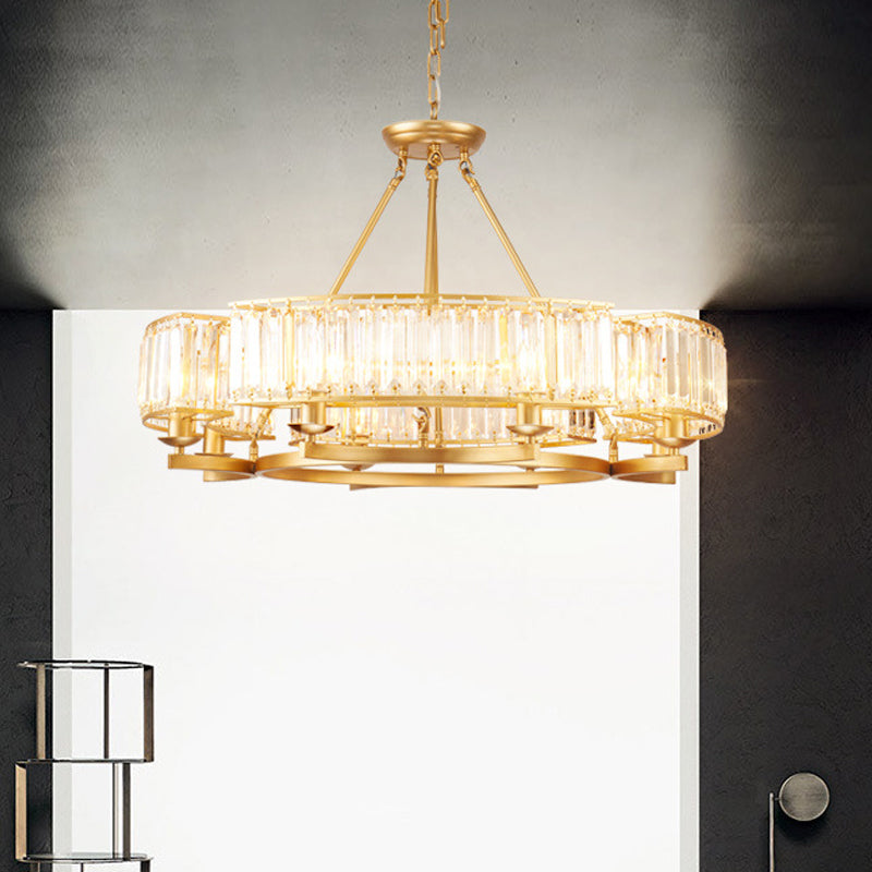 Modern Gold Circle Chandelier Pendant Light With Clear Crystal Prisms - 6/8/10 Bulb Dining Room