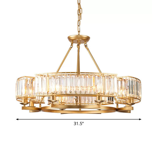 Modern Gold Circle Chandelier Pendant Light With Clear Crystal Prisms - 6/8/10 Bulb Dining Room