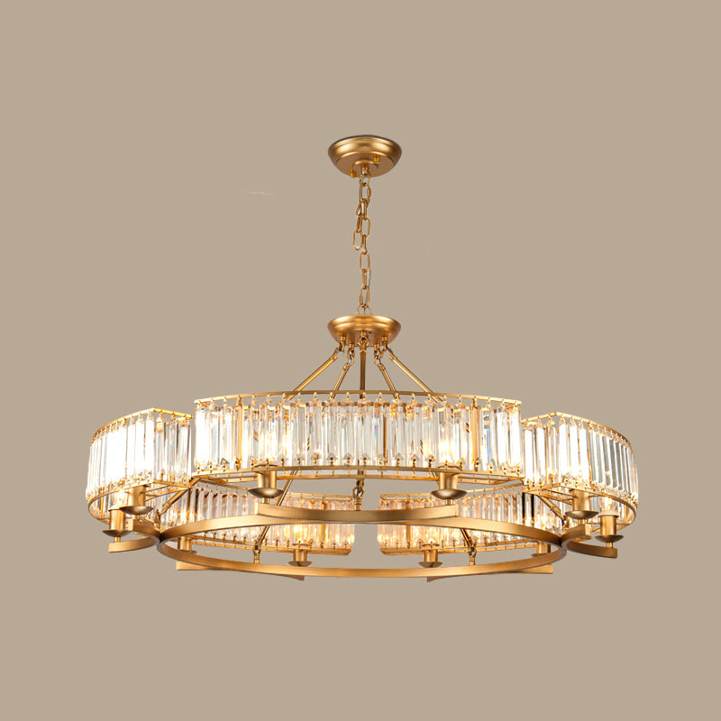 Modern Gold Circle Chandelier Pendant Light With Clear Crystal Prisms - 6/8/10 Bulb Dining Room