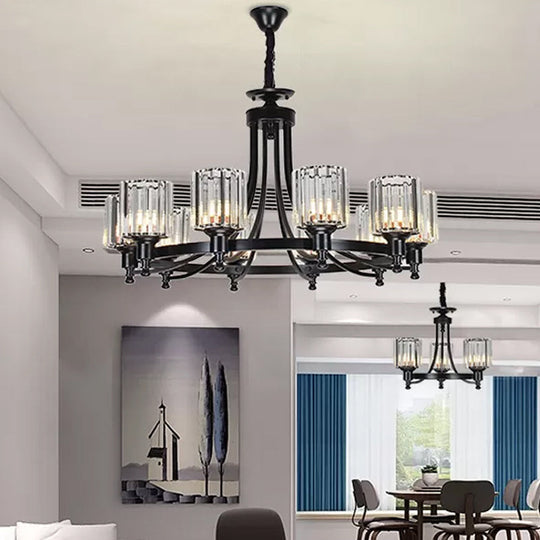 Postmodern Cylinder Chandelier - Prismatic Crystal Drop Lamp (8/10 Lights) - Black/Gold - Living Room