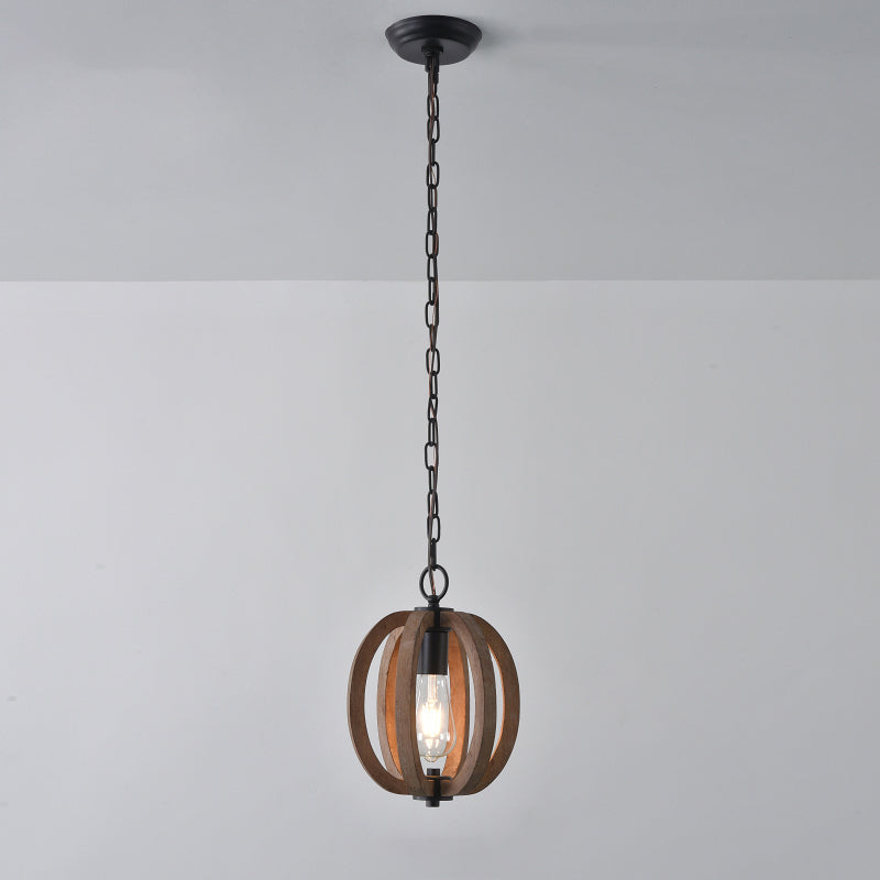 Traditional Wood Geometric Cage Pendant Light For Living Room