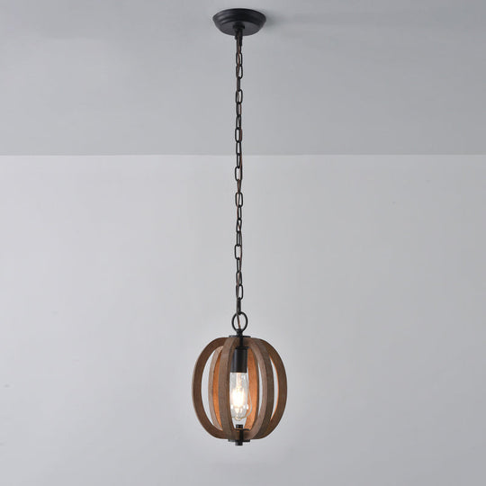 Traditional Wood Geometric Cage Pendant Light For Living Room