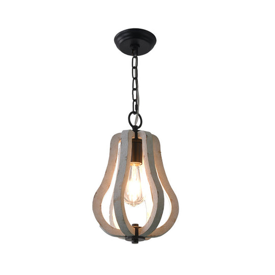 Traditional Wood Geometric Cage Pendant Light For Living Room