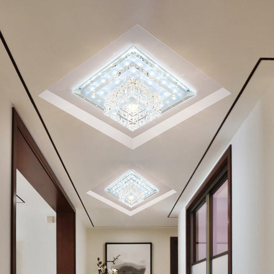 Sleek Crystal Led Foyer Ceiling Light - Geometric Design Chrome Flush Mount