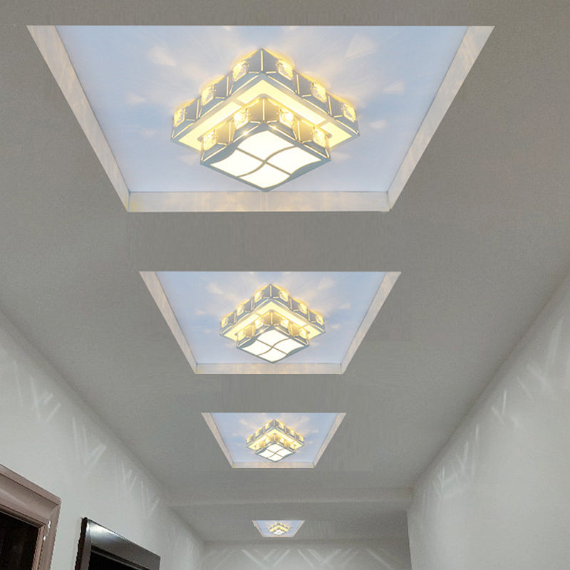 Modern 2-Tier Geometric Led Crystal Flush Light Fixture Chrome / Square Plate