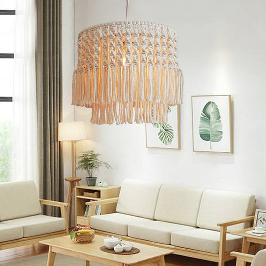 Rustic Jute Rope Fringe Ceiling Lamp - 1-Light Living Room Pendant Light In Beige