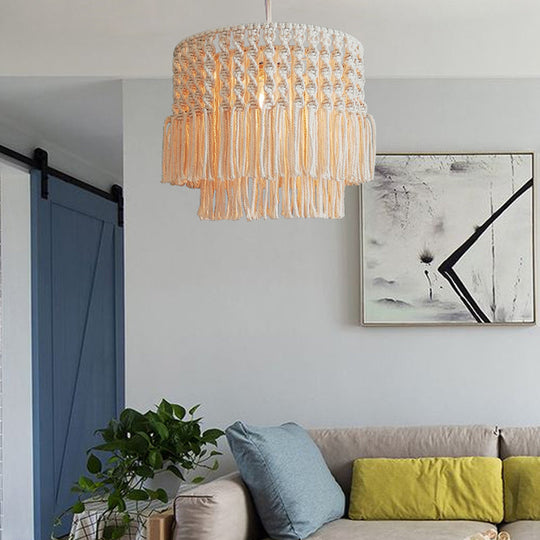 Rustic Jute Rope Fringe Ceiling Lamp - 1-Light Living Room Pendant Light In Beige