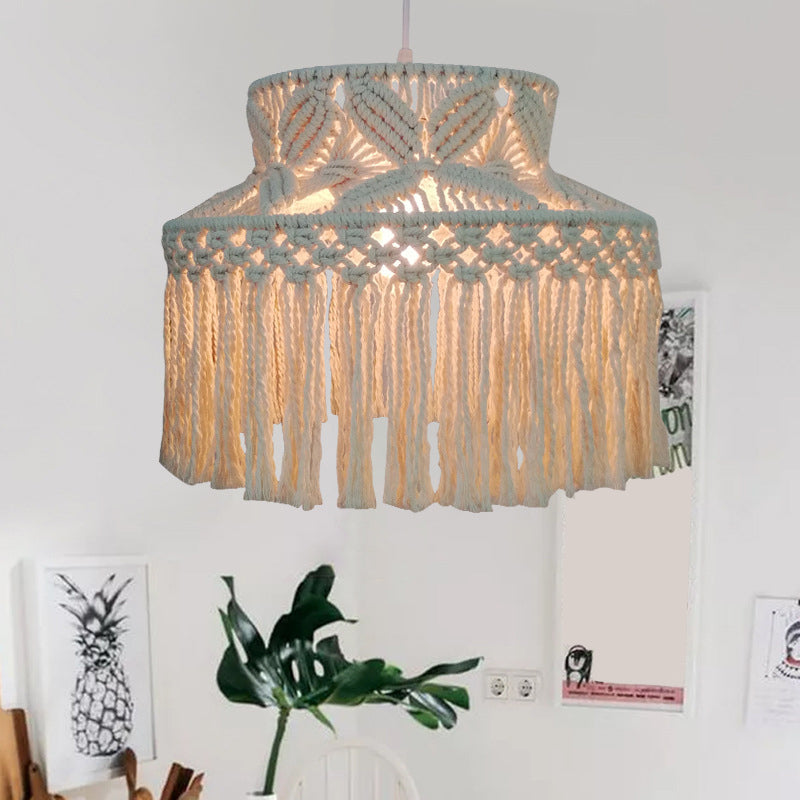 Barn Pendant Light - Traditional Beige Hemp Rope Suspension Fixture With Tassel Fringe