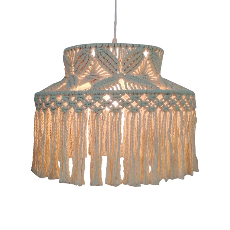 Barn Pendant Light - Traditional Beige Hemp Rope Suspension Fixture With Tassel Fringe