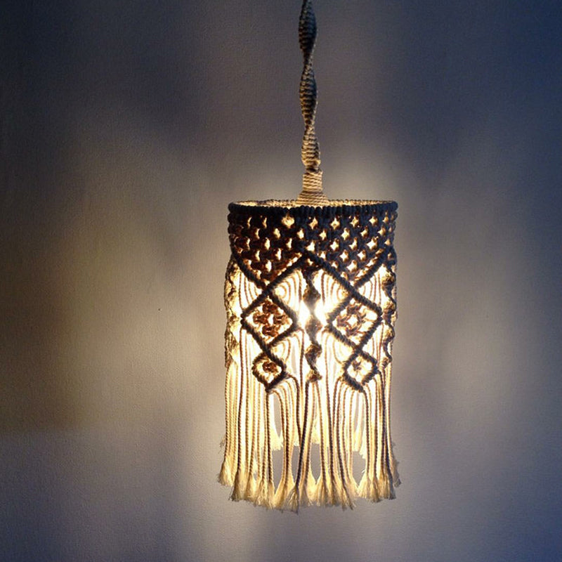 Classic White Woven Fringe Pendant Light With Hemp Rope - Perfect For Living Room Ceiling