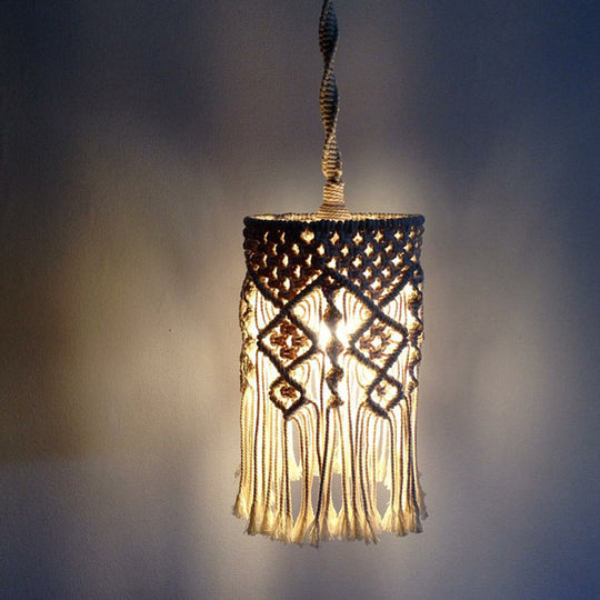 Classic White Woven Fringe Pendant Light With Hemp Rope - Perfect For Living Room Ceiling