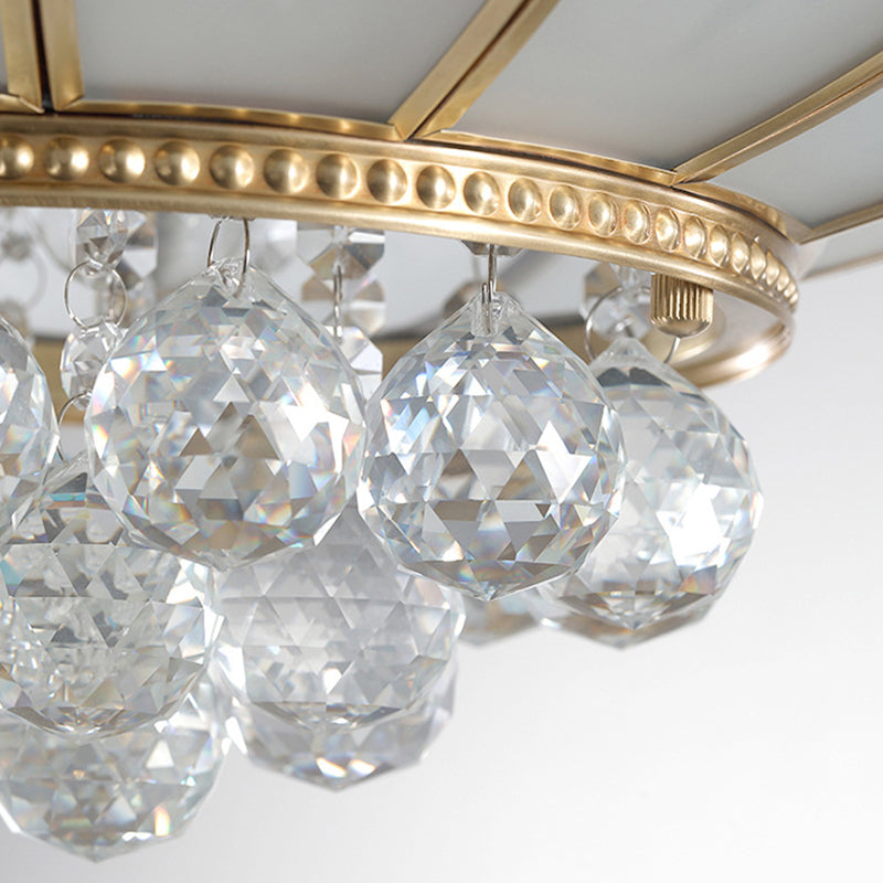 Semi Flush Mount Farmhouse Bowl Light With Frosted Glass Brass Finish And Orb Crystal Accent