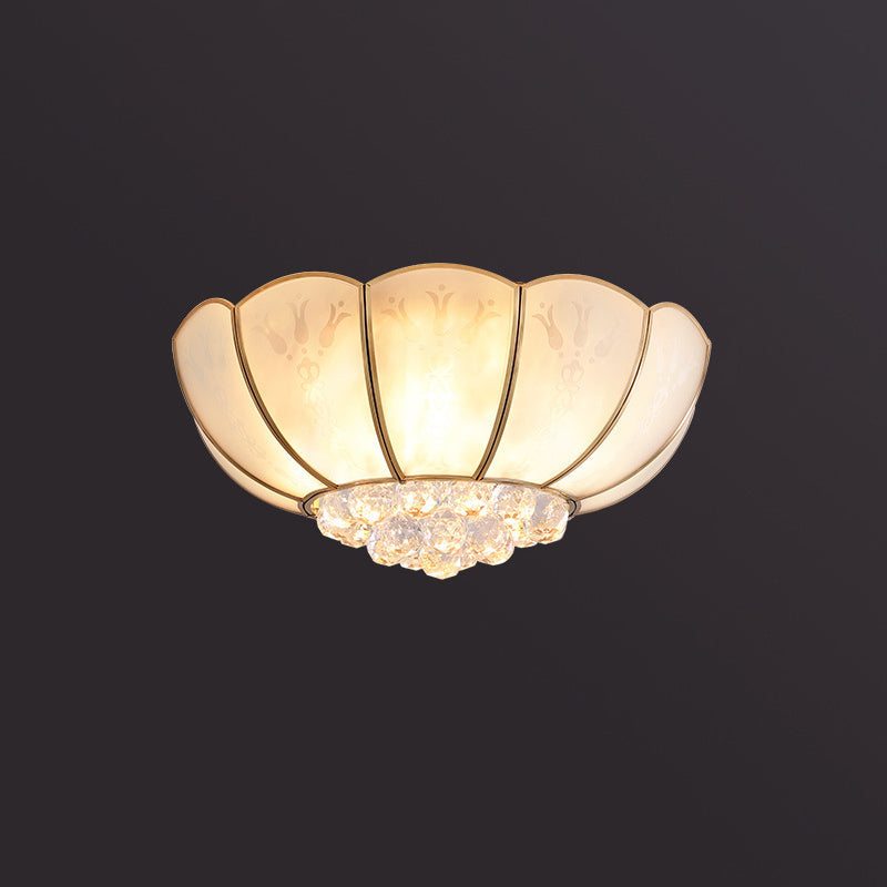 Semi Flush Mount Farmhouse Bowl Light With Frosted Glass Brass Finish And Orb Crystal Accent / 23