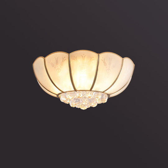 Semi Flush Mount Farmhouse Bowl Light With Frosted Glass Brass Finish And Orb Crystal Accent / 23