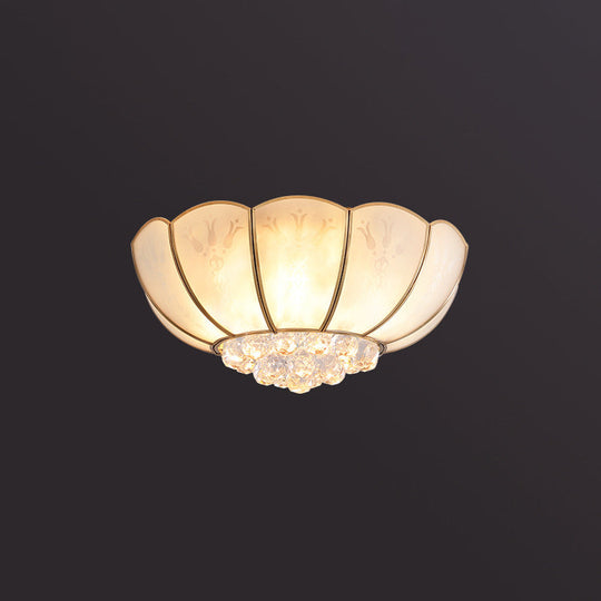 Semi Flush Mount Farmhouse Bowl Light with Frosted Glass, Brass Finish, and Orb Crystal Accent