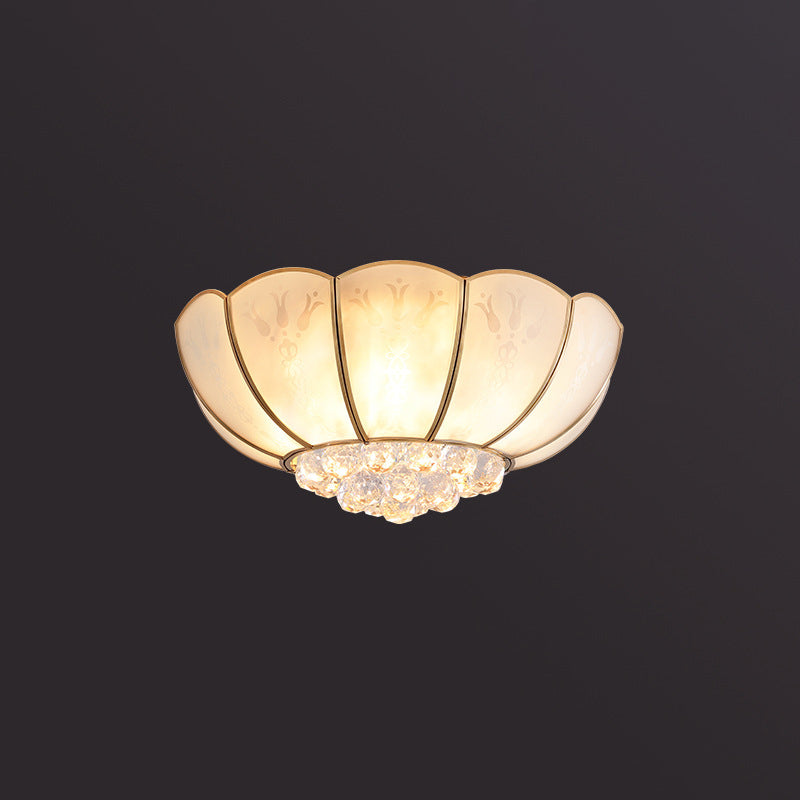 Semi Flush Mount Farmhouse Bowl Light With Frosted Glass Brass Finish And Orb Crystal Accent / 19.5