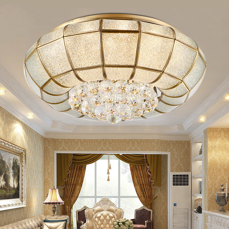 Country Brass Flush Mount Led Ceiling Lamp With Seedy Glass And Crystal Draping